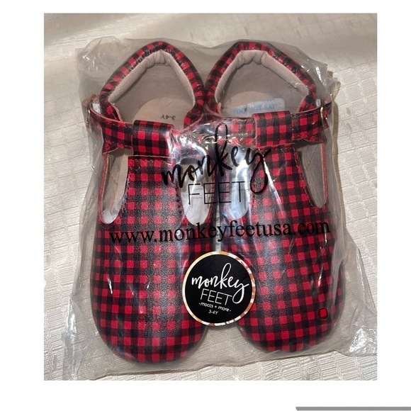 Monkey Feet Kids Moccasins in Red and Black Checkered Pattern - Picture 1 of 8
